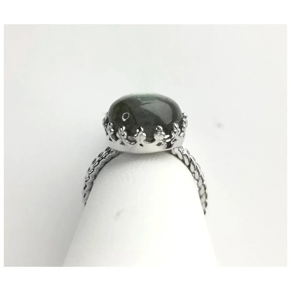 Cabochon Labradorite Ring in Sterling Silver Tudor Revival Design